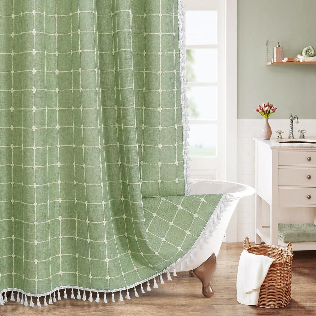 Boho Farmhouse Classic Plaid Linen Tassel Shower Curtain Blue,72x72