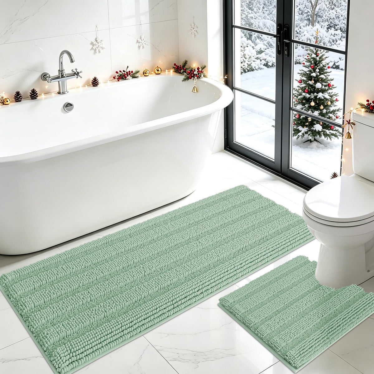 ACCUMTEK Striped Navy Blue Bathroom Rug Set 3 Pieces Ultra Soft, Non Slip Chenille Toilet Mat, Absorbent Plush Shaggy Bath Mats for Bathroom, Bedroom, Kitchen