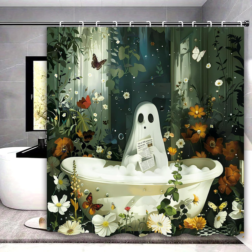 Halloween Shower Curtain Spooky Bathroom Cute Funny Shower Curtains Ghost Shower Curtain 72x72 Inch Waterproof Polyester Insulated Home Decor Set Halloween Bathroom Decor