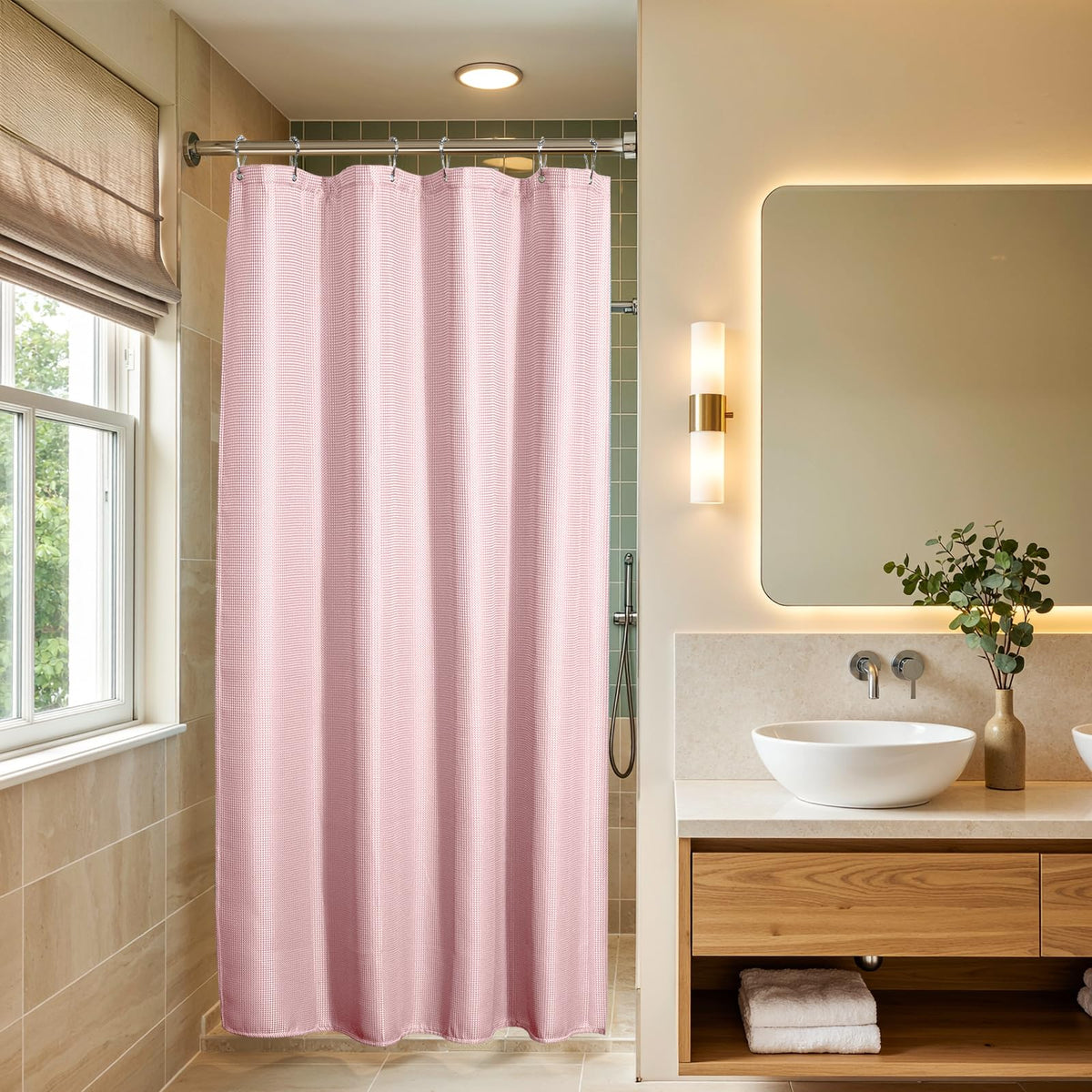AmazerBath Stall Shower Curtain 60 x 72 Inches, Waffle Shower Curtain White, Fabric Shower Curtains Heavy Duty 240GSM, Hotel Quality Bathroom Shower Curtains