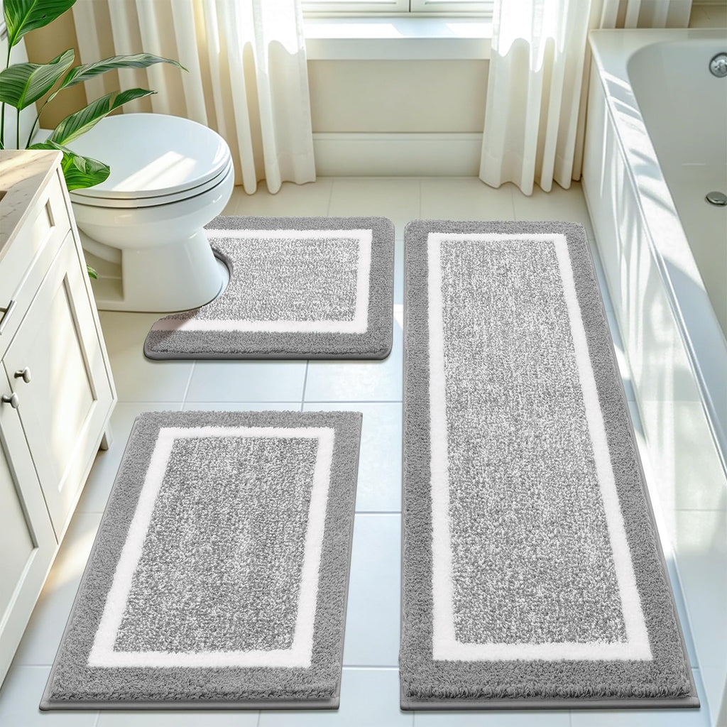 Pauwer Bathroom Rugs 3 Piece Set, Non Slip Washable Bath Mat, Dark Grey