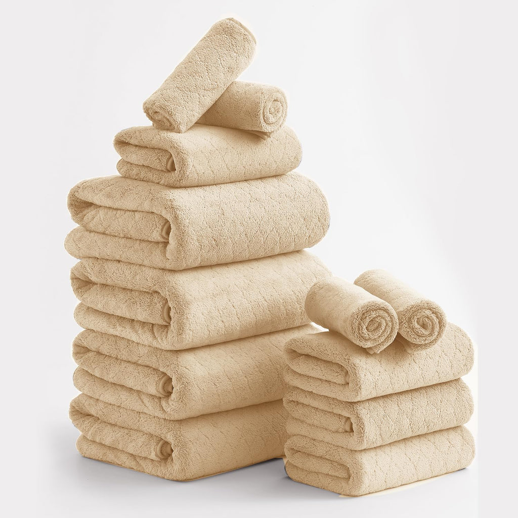 Hailea Luxury Bath Towels Set - 12 Piece (4 Large Bath Towels,4 Hand Towels,4 Washcloths), 100% Microfiber,Extra Absorbent Super Soft & Quick Dry,Complete Family Pack for Bathroom Gym Pool,Camel