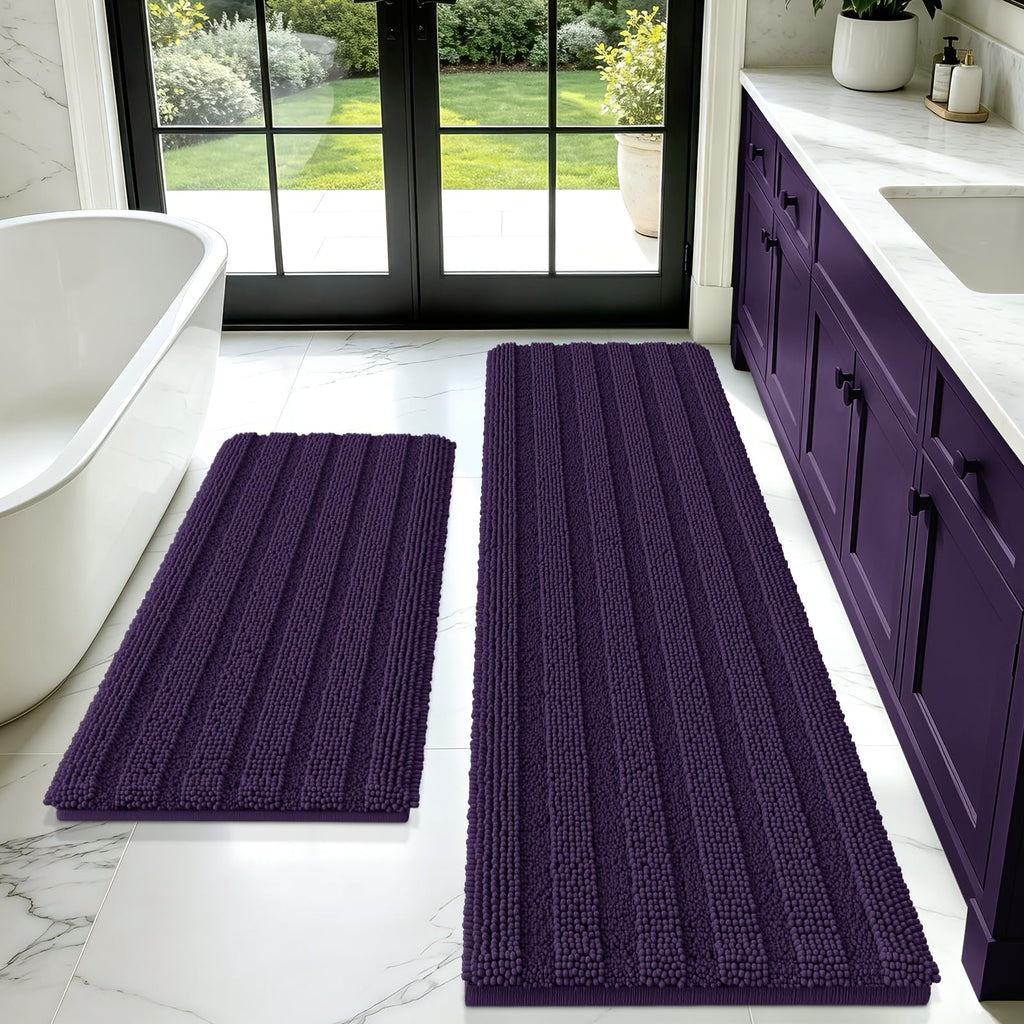 ACCUMTEK Striped Navy Blue Bathroom Rug Set 3 Pieces Ultra Soft, Non Slip Chenille Toilet Mat, Absorbent Plush Shaggy Bath Mats for Bathroom, Bedroom, Kitchen