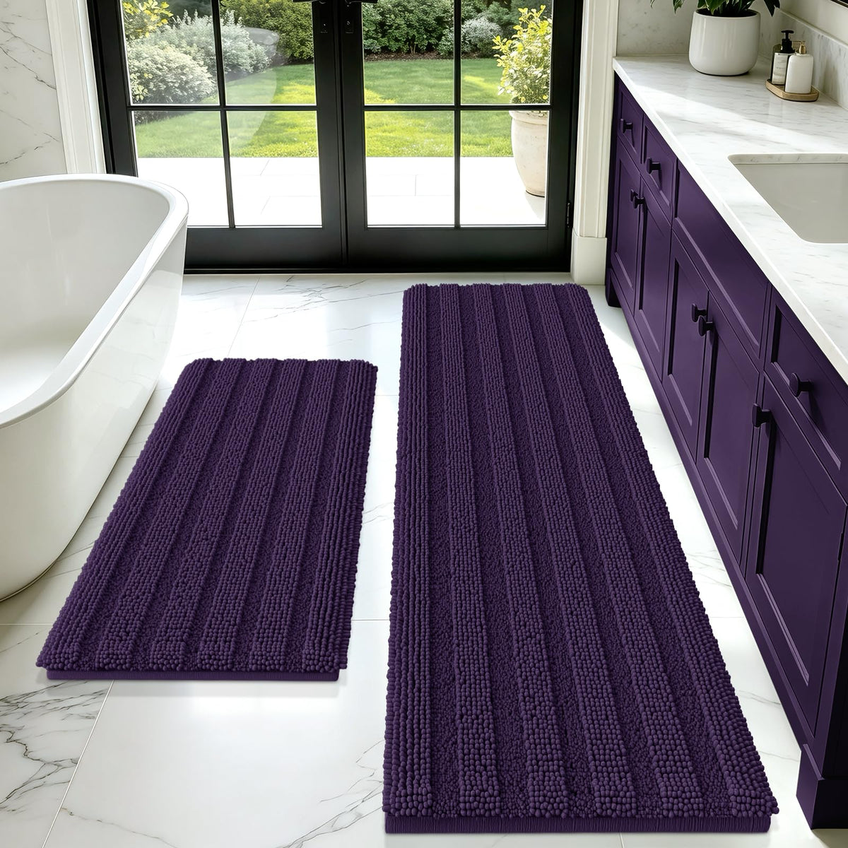 ACCUMTEK Striped Navy Blue Bathroom Rug Set 3 Pieces Ultra Soft, Non Slip Chenille Toilet Mat, Absorbent Plush Shaggy Bath Mats for Bathroom, Bedroom, Kitchen