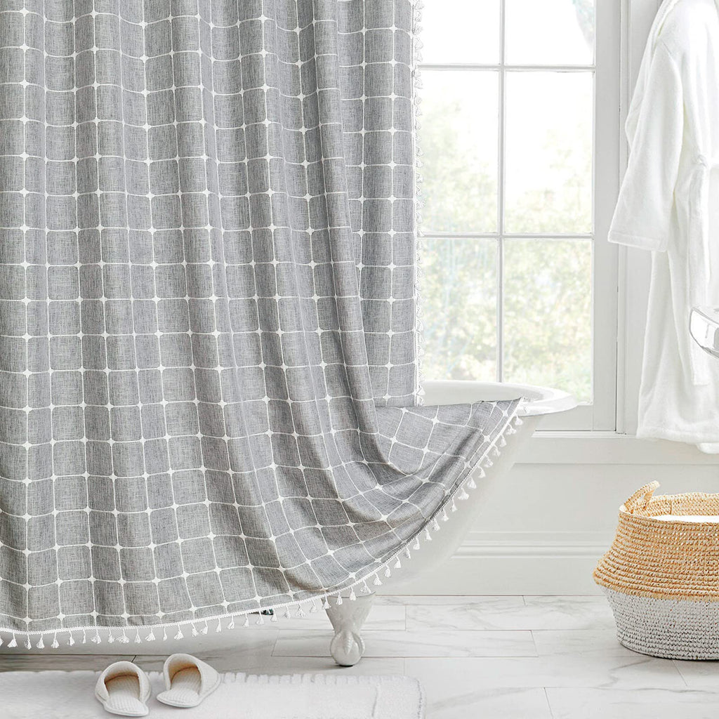 Boho Farmhouse Classic Plaid Linen Tassel Shower Curtain Blue,72x72