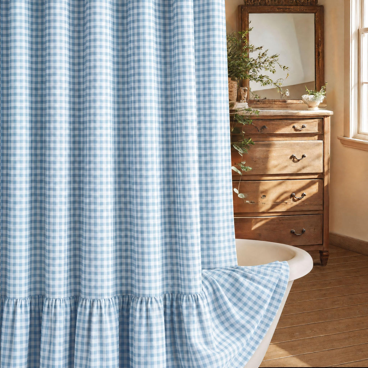 Farmhouse Shower Curtain Ruffle Linen Cream-Beige Stripe 72"W x 72"L
