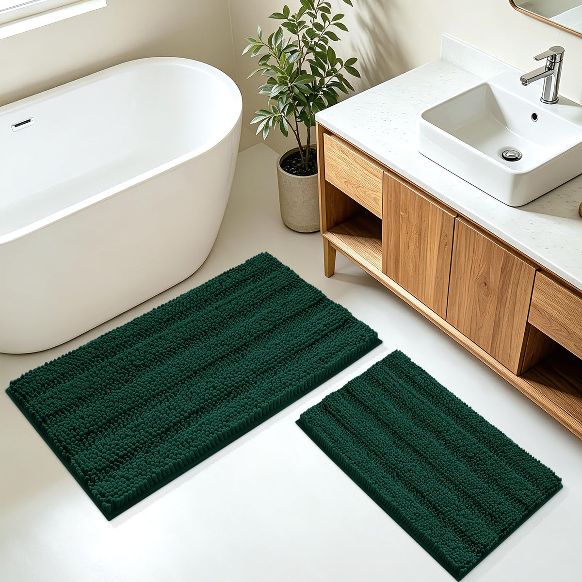 ACCUMTEK Striped Navy Blue Bathroom Rug Set 3 Pieces Ultra Soft, Non Slip Chenille Toilet Mat, Absorbent Plush Shaggy Bath Mats for Bathroom, Bedroom, Kitchen