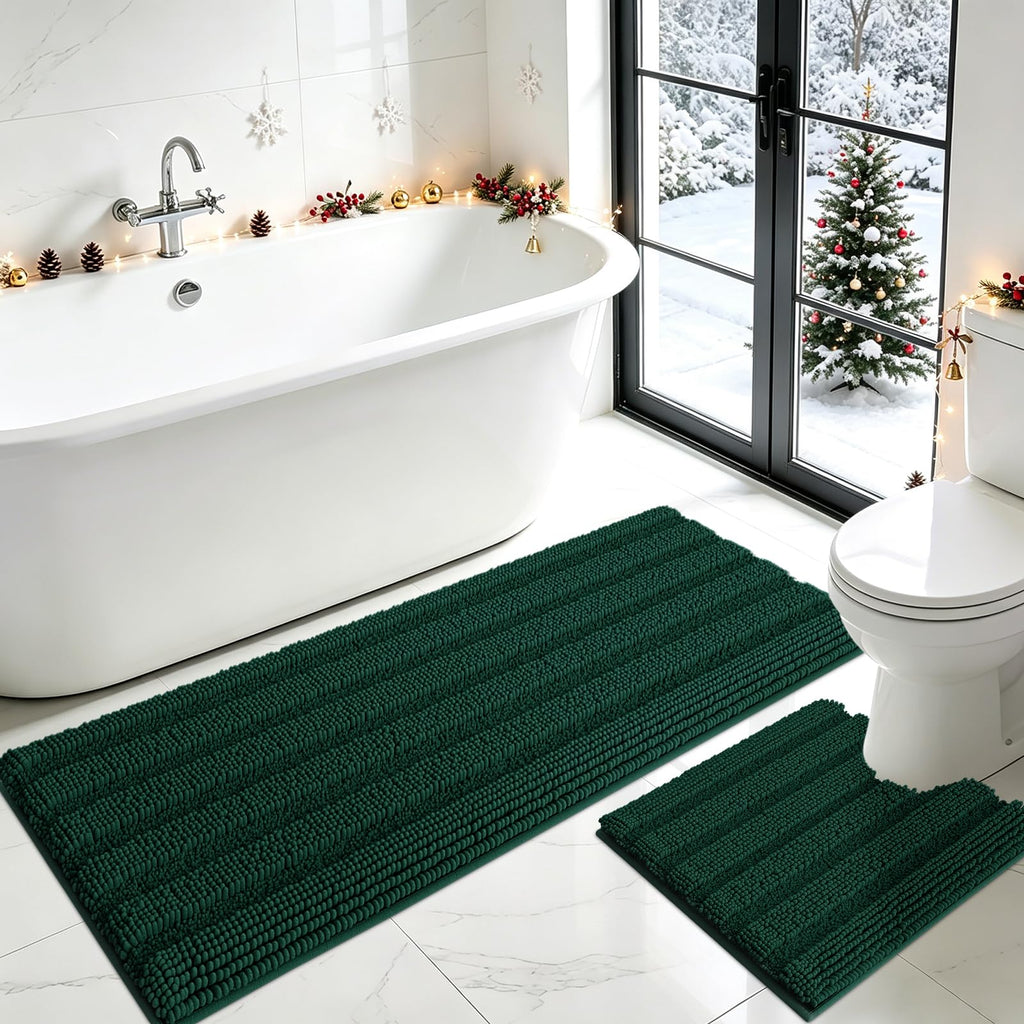 ACCUMTEK Striped Navy Blue Bathroom Rug Set 3 Pieces Ultra Soft, Non Slip Chenille Toilet Mat, Absorbent Plush Shaggy Bath Mats for Bathroom, Bedroom, Kitchen