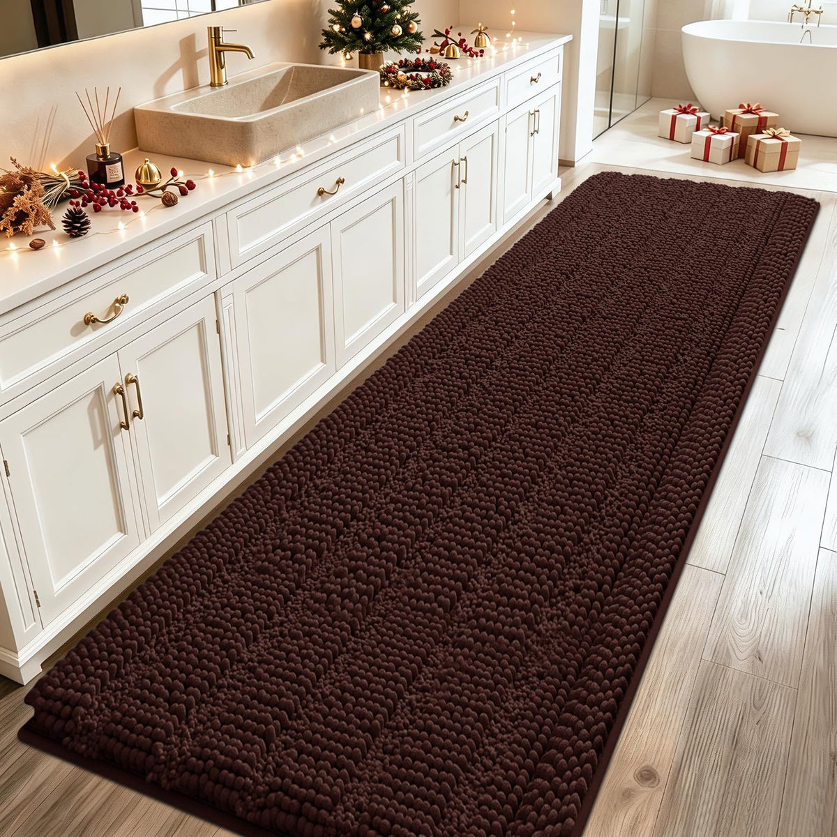 ACCUMTEK Striped Navy Blue Bathroom Rug Set 3 Pieces Ultra Soft, Non Slip Chenille Toilet Mat, Absorbent Plush Shaggy Bath Mats for Bathroom, Bedroom, Kitchen