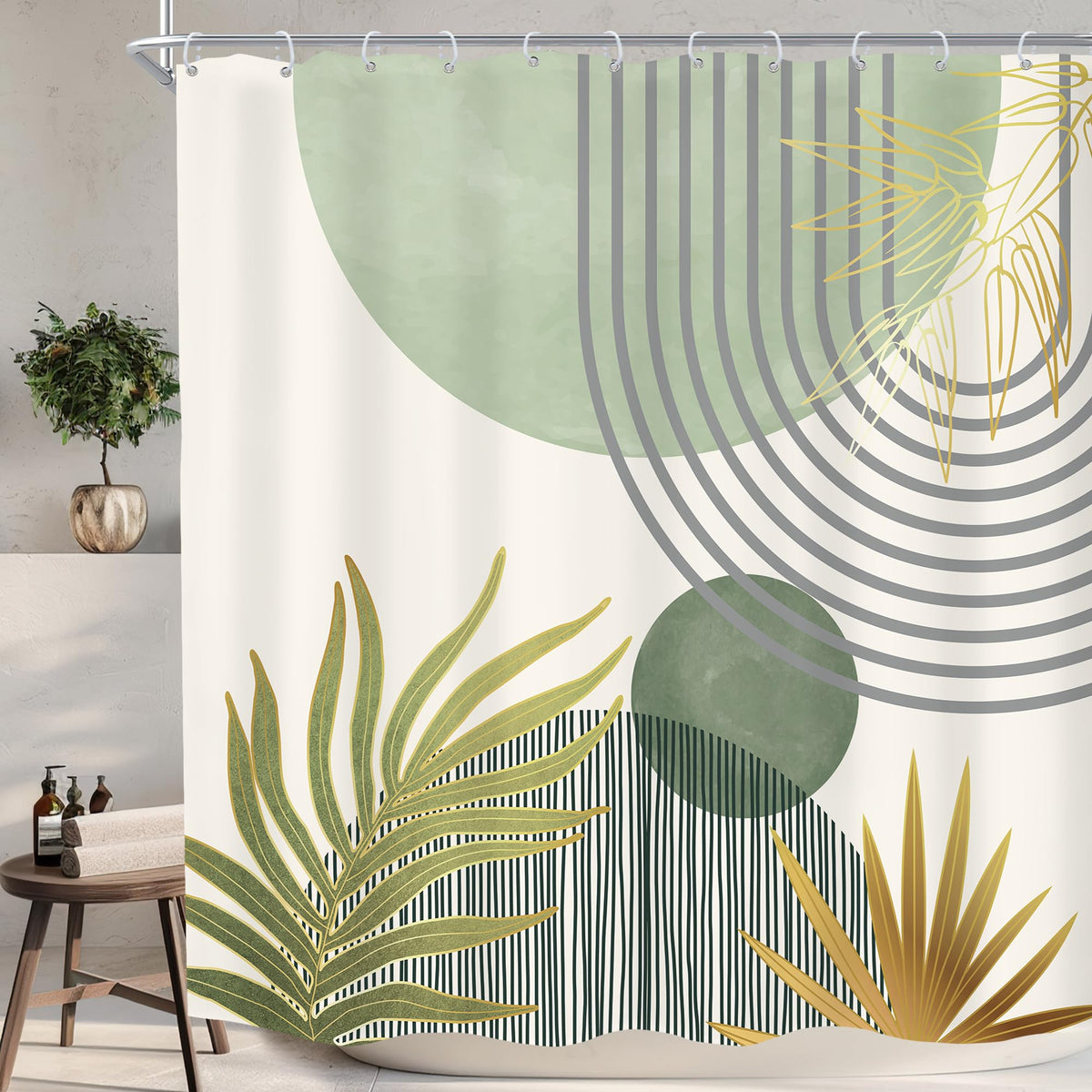 Mid Century Green Orange Boho Abstract Modern Bathroom Shower Curtain Set