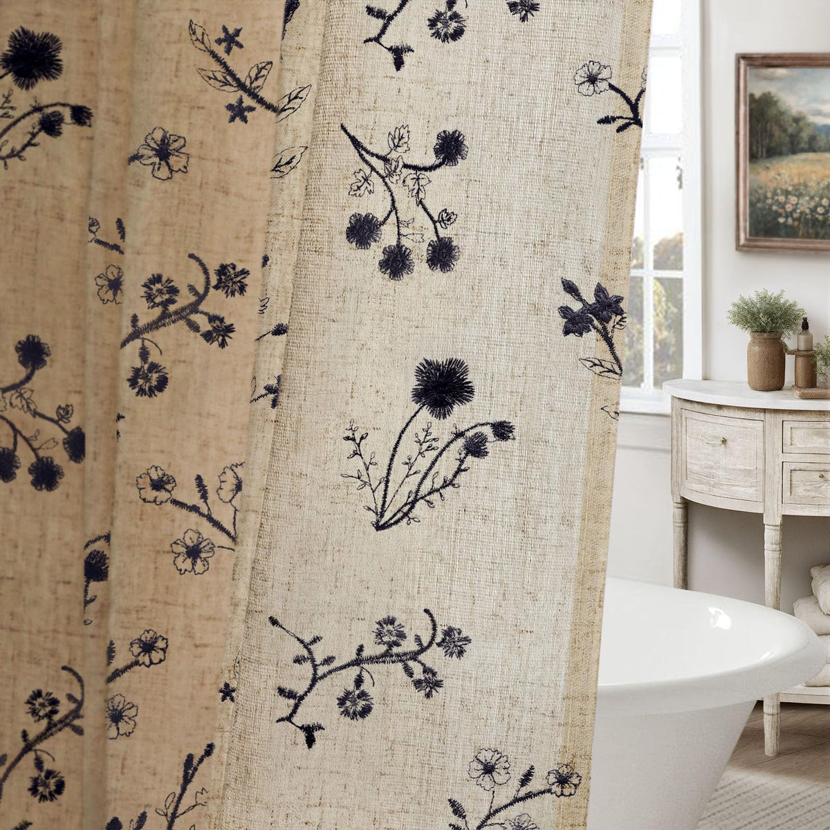 Floral Farmhouse Vintage Linen Shower Curtain French Country Decor 72Wx72H