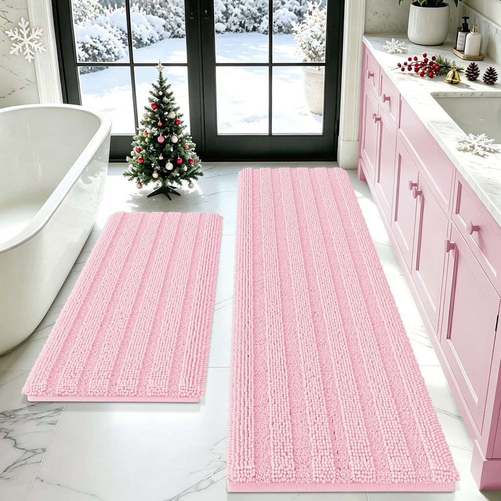 ACCUMTEK Striped Navy Blue Bathroom Rug Set 3 Pieces Ultra Soft, Non Slip Chenille Toilet Mat, Absorbent Plush Shaggy Bath Mats for Bathroom, Bedroom, Kitchen