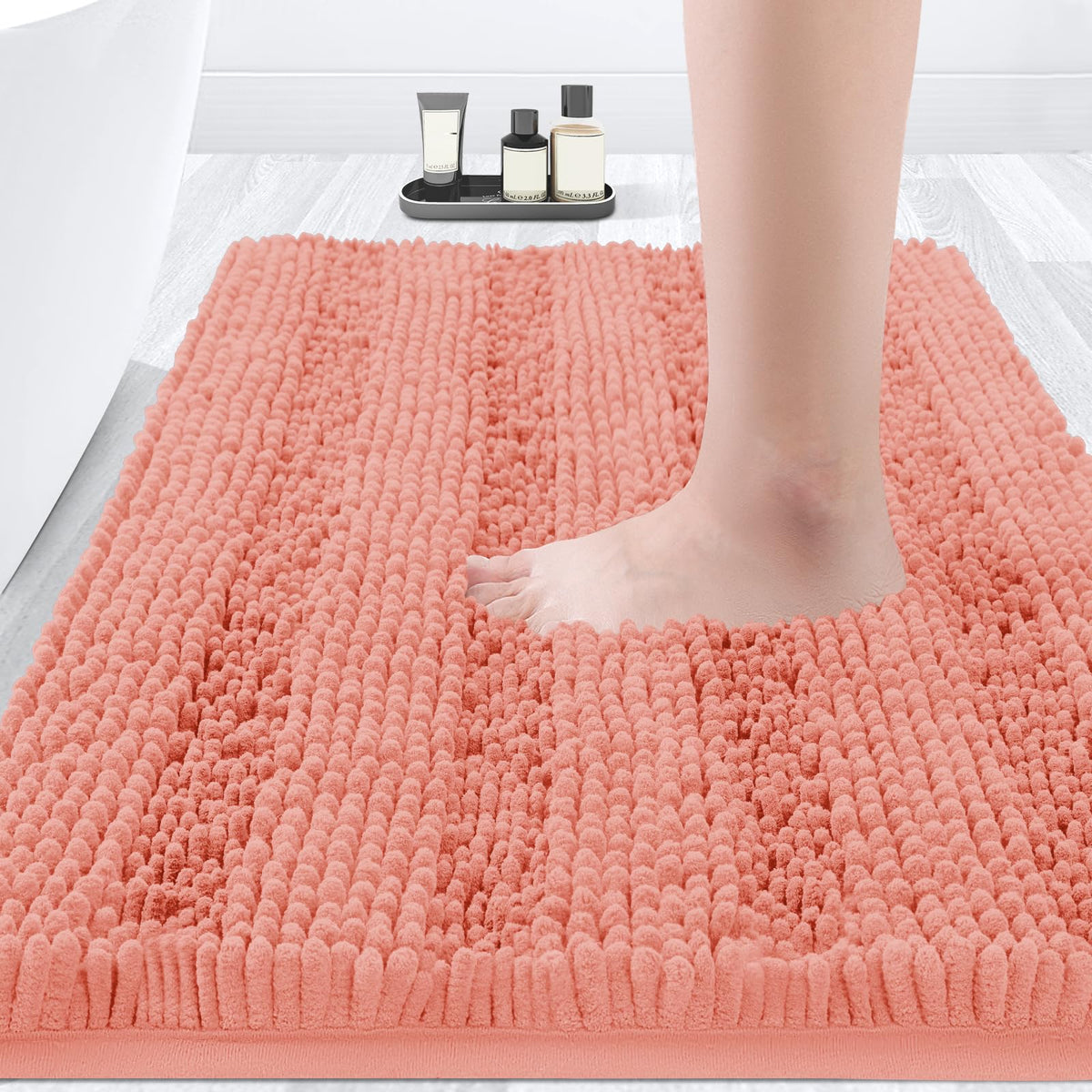 ACCUMTEK Striped Navy Blue Bathroom Rug Set 3 Pieces Ultra Soft, Non Slip Chenille Toilet Mat, Absorbent Plush Shaggy Bath Mats for Bathroom, Bedroom, Kitchen