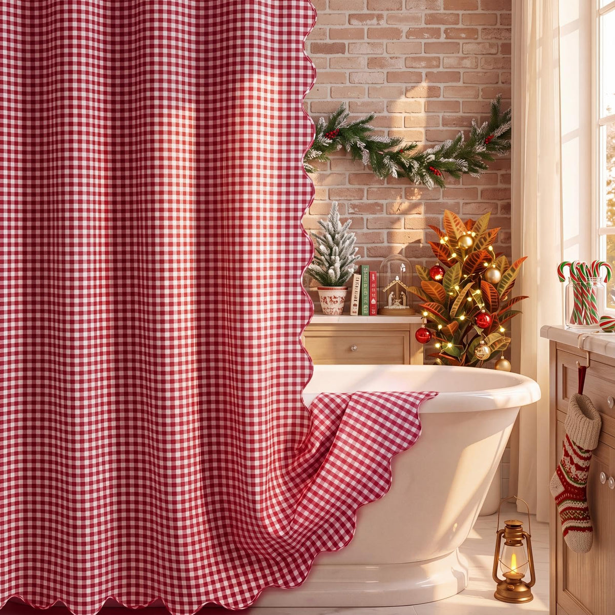 HunnmingRe Ruffled Gingham Shower Curtain Red