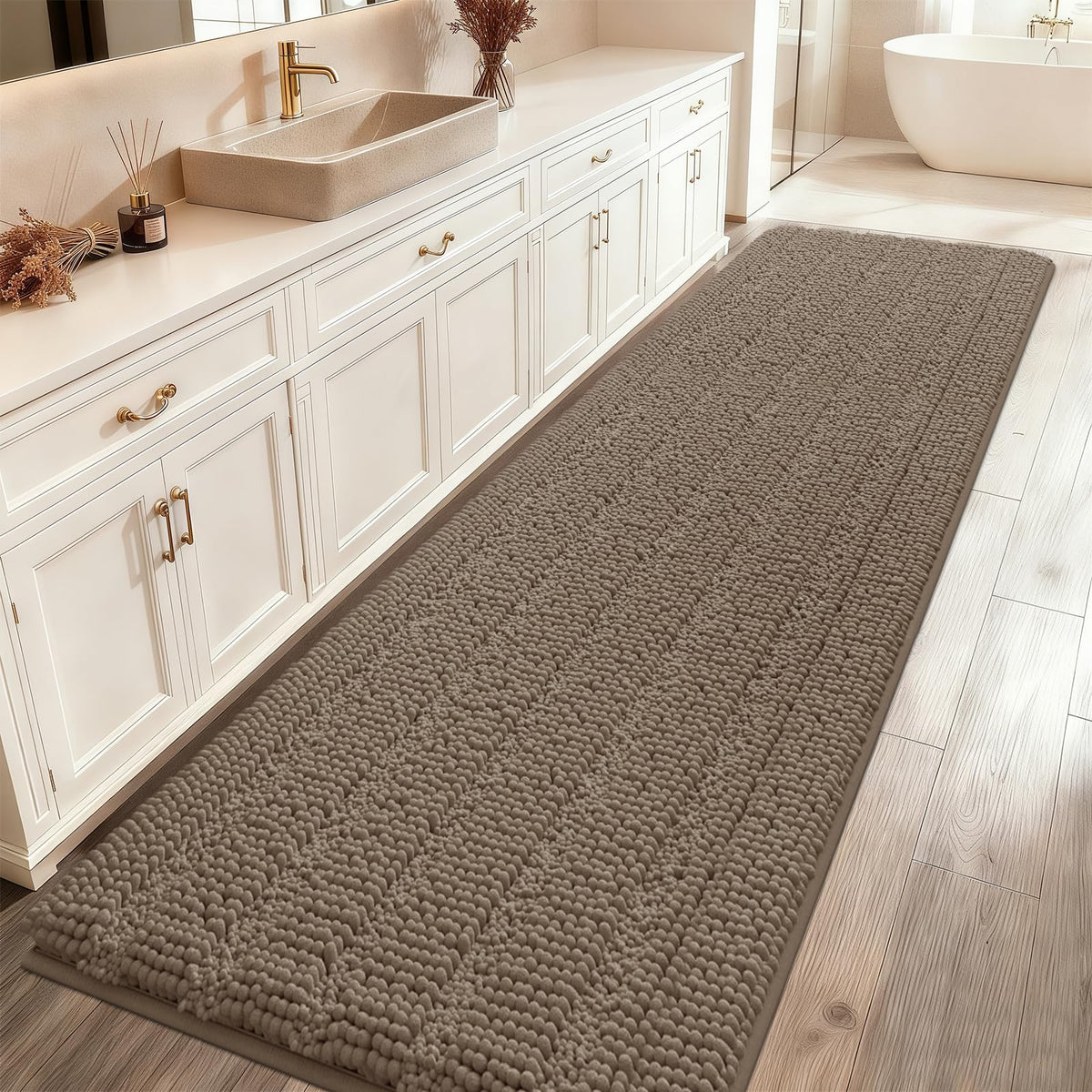 ACCUMTEK Striped Navy Blue Bathroom Rug Set 3 Pieces Ultra Soft, Non Slip Chenille Toilet Mat, Absorbent Plush Shaggy Bath Mats for Bathroom, Bedroom, Kitchen