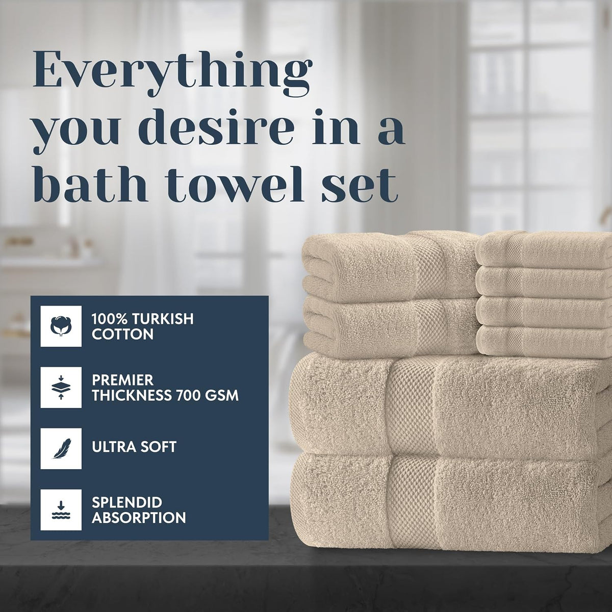 White Classic Luxury Taupe Bath Towel Set of 8 - Soft 100% Turkish Cotton