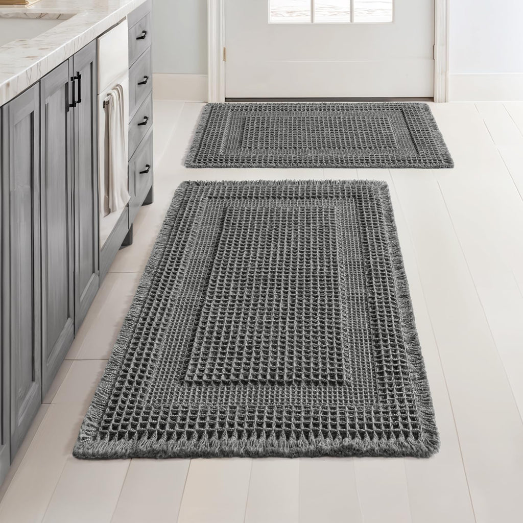 MIULEE Set of 2 Waffle Bathroom Rugs Brown&Cream Boho Bath Mat 17x24+18x30