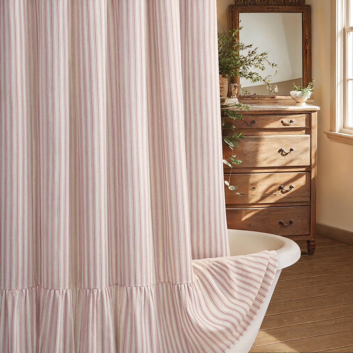 Farmhouse Shower Curtain Ruffle Linen Cream-Brown Stripe 72"W x 84"L
