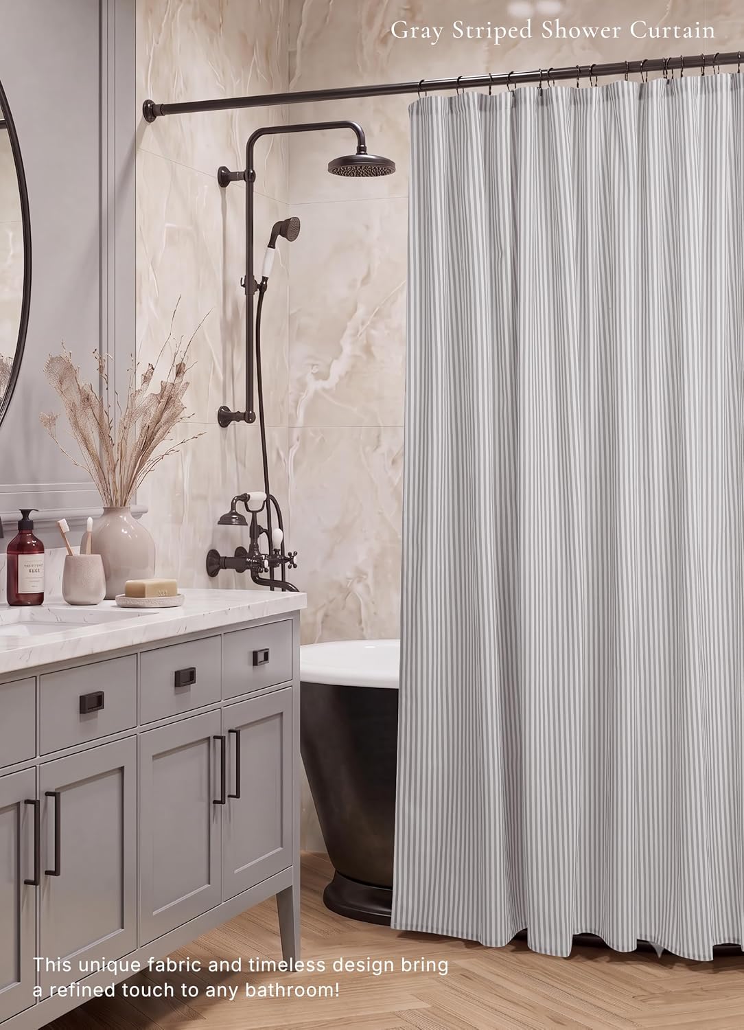 Grey Striped Shower Curtain 72X72 Inches Cotton Blend Rustic Shower Curtain Breathable Washable for Bathroom