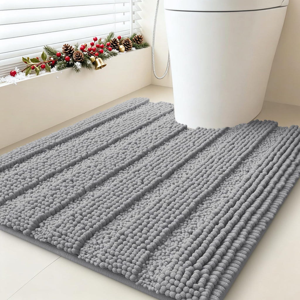 ACCUMTEK Striped Navy Blue Bathroom Rug Set 3 Pieces Ultra Soft, Non Slip Chenille Toilet Mat, Absorbent Plush Shaggy Bath Mats for Bathroom, Bedroom, Kitchen