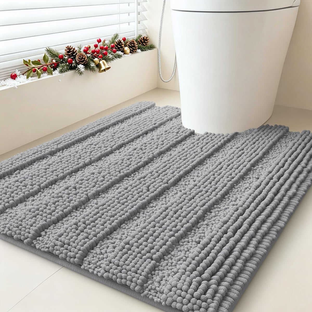 ACCUMTEK Striped Navy Blue Bathroom Rug Set 3 Pieces Ultra Soft, Non Slip Chenille Toilet Mat, Absorbent Plush Shaggy Bath Mats for Bathroom, Bedroom, Kitchen