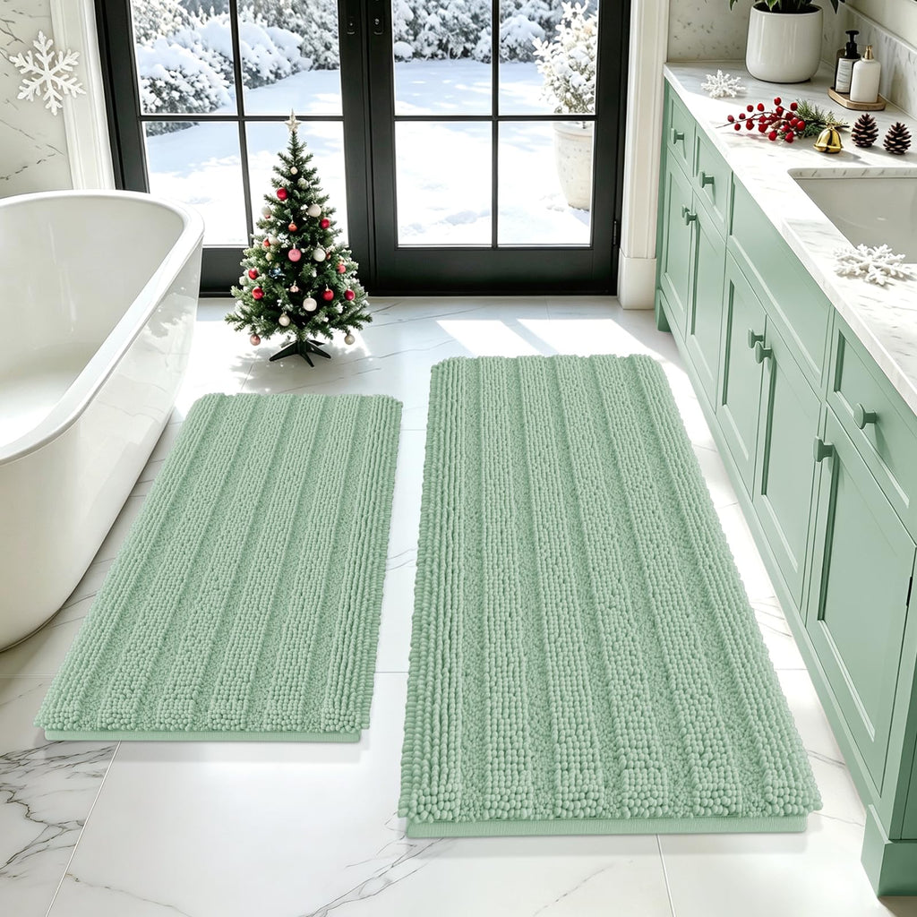 ACCUMTEK Striped Navy Blue Bathroom Rug Set 3 Pieces Ultra Soft, Non Slip Chenille Toilet Mat, Absorbent Plush Shaggy Bath Mats for Bathroom, Bedroom, Kitchen
