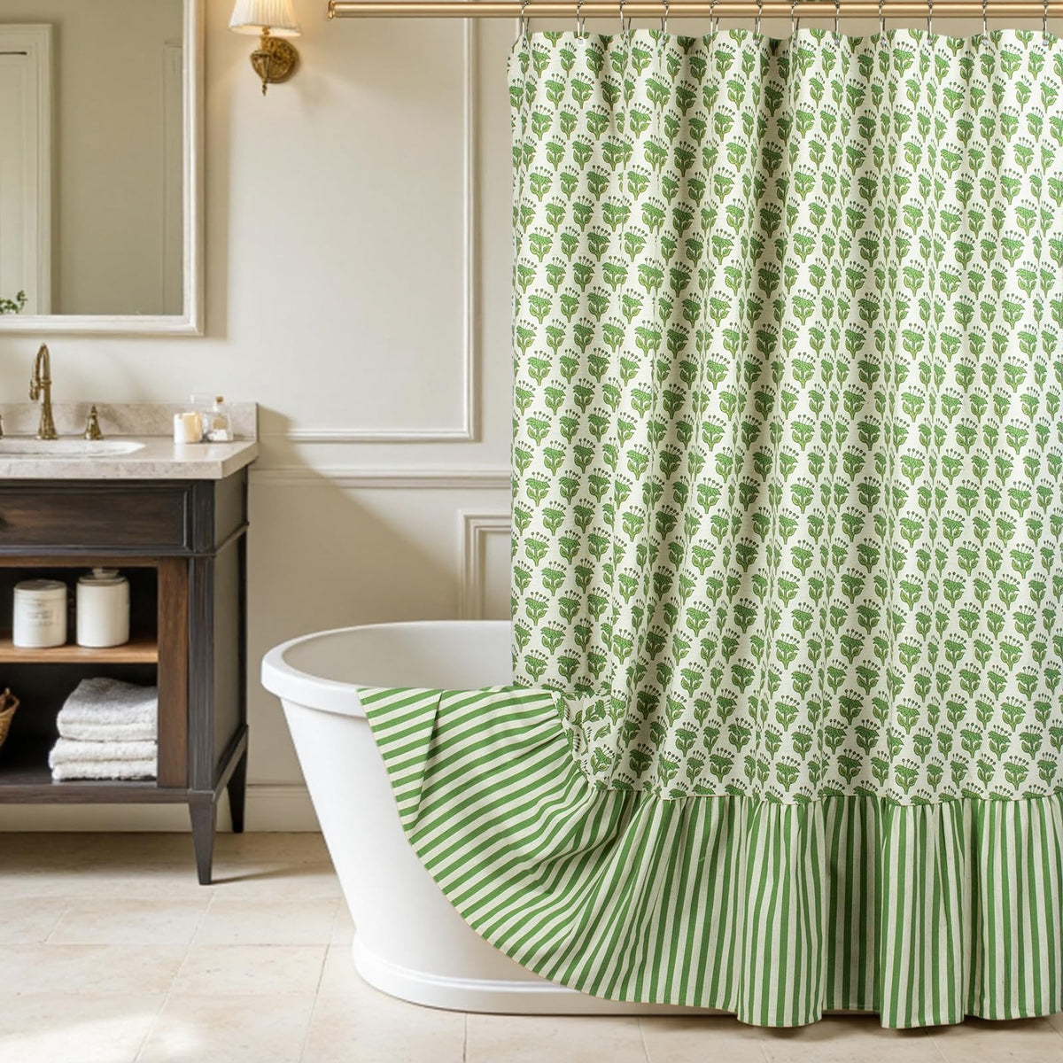 Linen Textured Ruffle Shower Curtain - Blue Vintage Floral Block Print, Boho Cottagecore Farmhouse French Country Bathroom Decor Set, 72x72 Inches