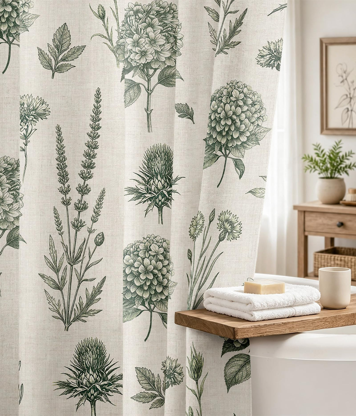 MAMUSE Linen Shower Curtain for Bathroom - Cute Aesthetic Decorative Modern Girly Unique Girls Design Farmhouse Women Waterproof Cortinas de Baño Bathtub 72 x 72 Inch, Sage Flower