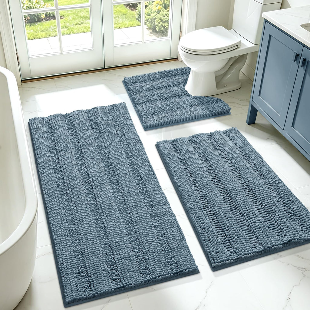 ACCUMTEK Striped Navy Blue Bathroom Rug Set 3 Pieces Ultra Soft, Non Slip Chenille Toilet Mat, Absorbent Plush Shaggy Bath Mats for Bathroom, Bedroom, Kitchen