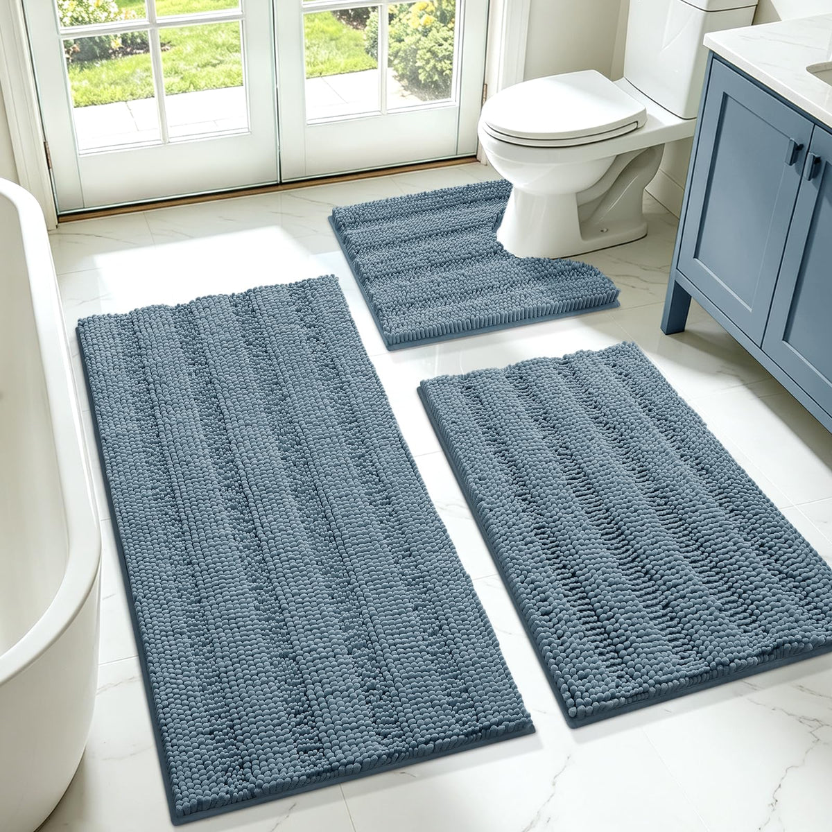 ACCUMTEK Striped Navy Blue Bathroom Rug Set 3 Pieces Ultra Soft, Non Slip Chenille Toilet Mat, Absorbent Plush Shaggy Bath Mats for Bathroom, Bedroom, Kitchen