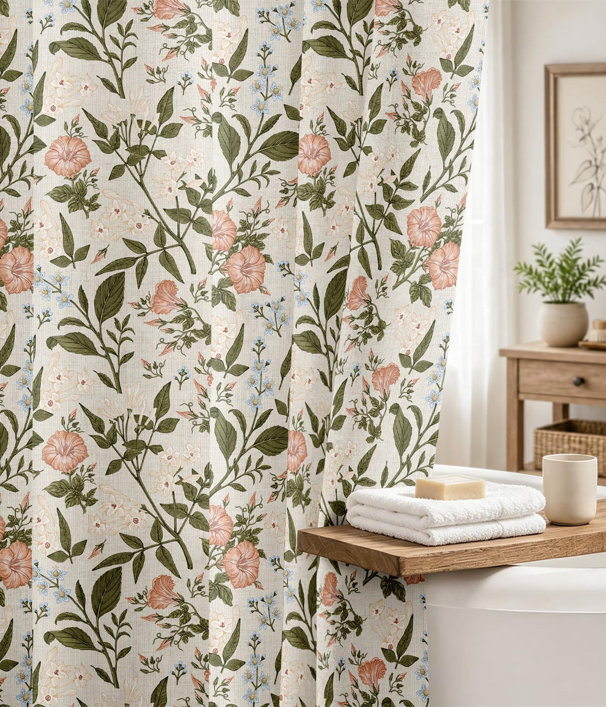 MAMUSE Linen Shower Curtain for Bathroom - Cute Aesthetic Decorative Modern Girly Unique Girls Design Farmhouse Women Waterproof Cortinas de Baño Bathtub 72 x 72 Inch, Sage Flower