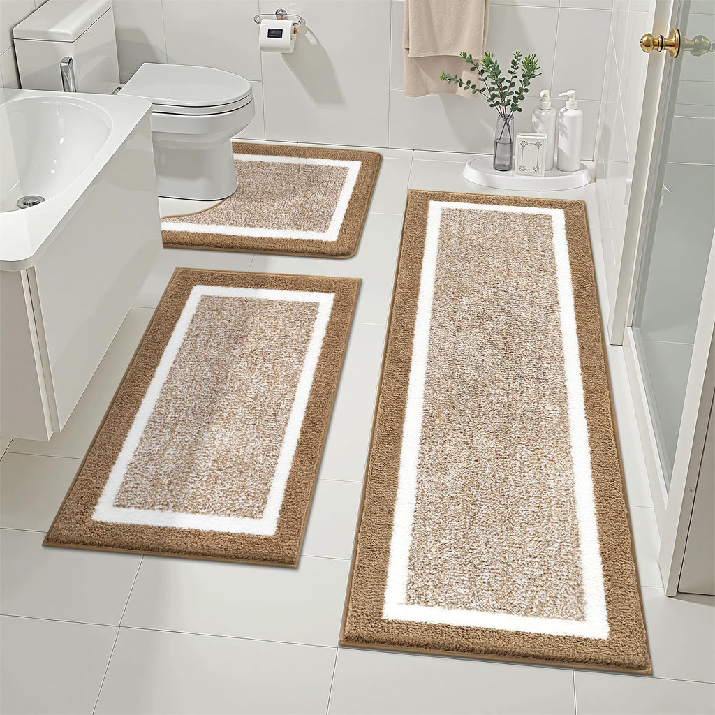 Pauwer Bathroom Rugs 3 Piece Set, Non Slip Washable Bath Mat, Dark Grey