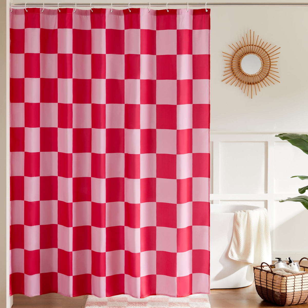 Ohocut Checkered Shower Curtain, Double Pink Plaid Shower Curtains for Bathroom, Cute Retro Checkboard Shower Curtain Vintage Aesthetic, Washable Fabric Bath Curtain 72''x72''