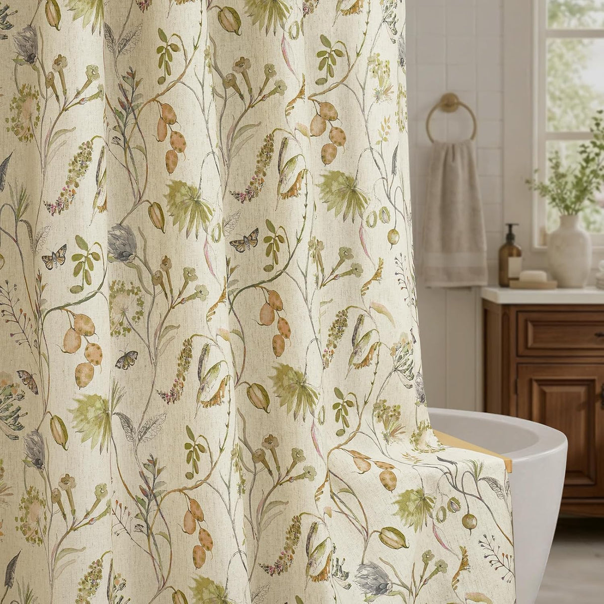 Botanical Floral Linen Blend Shower Curtain 72x72, Organic Modern Farmhouse Bathroom Decor, 210GSM Fabric (Green/Oatmeal)