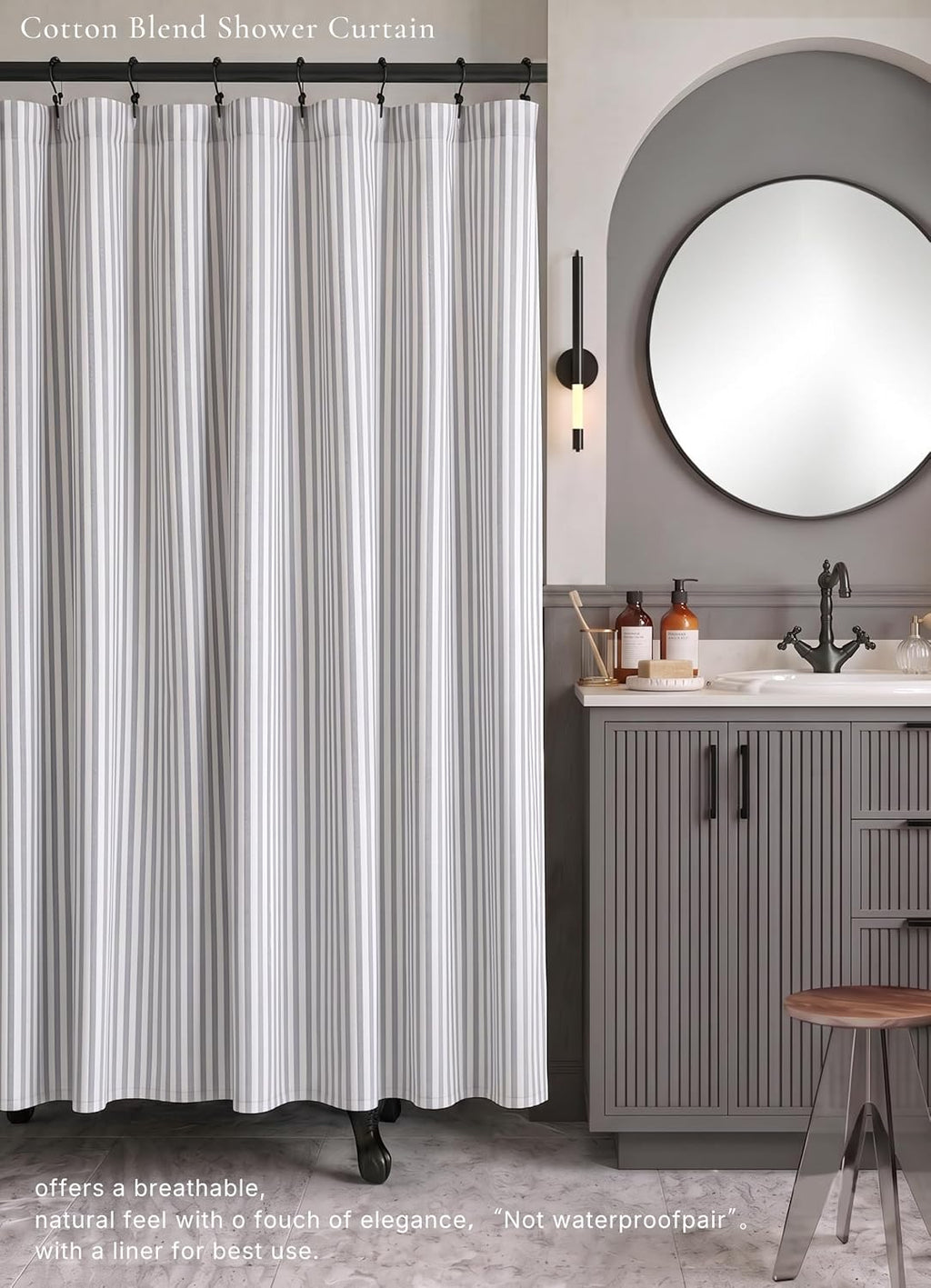 Grey Striped Shower Curtain 72X72 Inches Cotton Blend Rustic Shower Curtain Breathable Washable for Bathroom