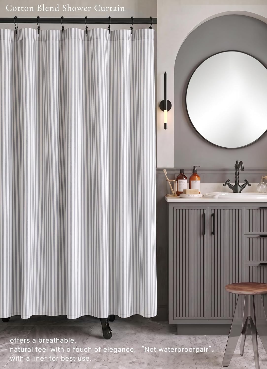 Grey Striped Shower Curtain 72X72 Inches Cotton Blend Rustic Shower Curtain Breathable Washable for Bathroom