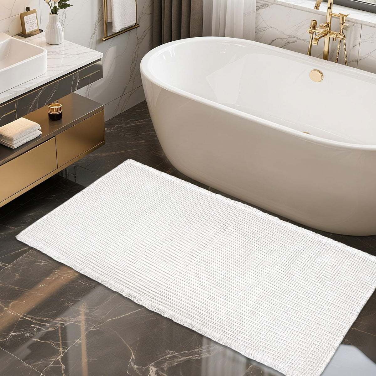 ZALL Waffle Bath Mat Boho Bathroom Mat Ultra Absorbent Non Slip 18x30 Tan
