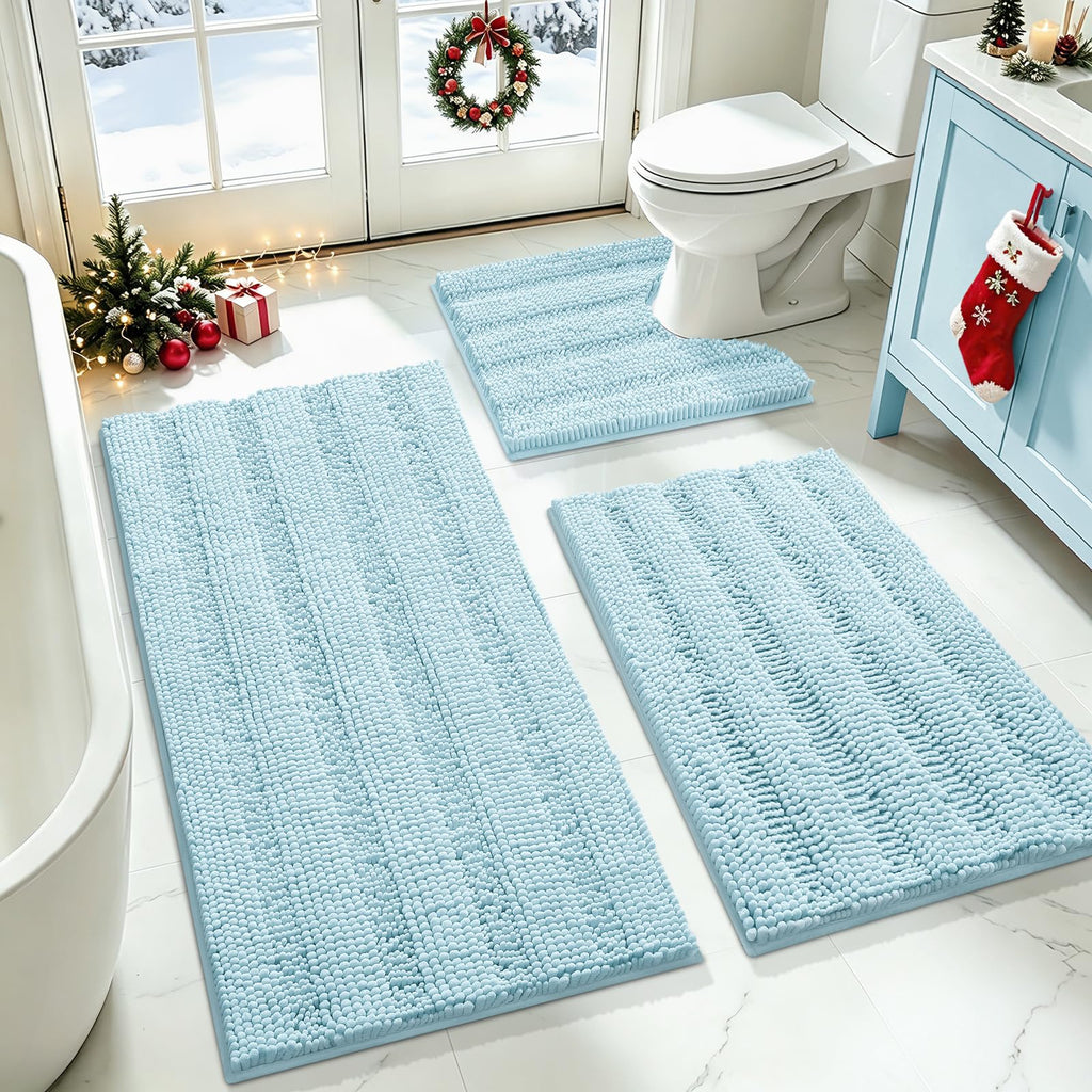 ACCUMTEK Striped Navy Blue Bathroom Rug Set 3 Pieces Ultra Soft, Non Slip Chenille Toilet Mat, Absorbent Plush Shaggy Bath Mats for Bathroom, Bedroom, Kitchen