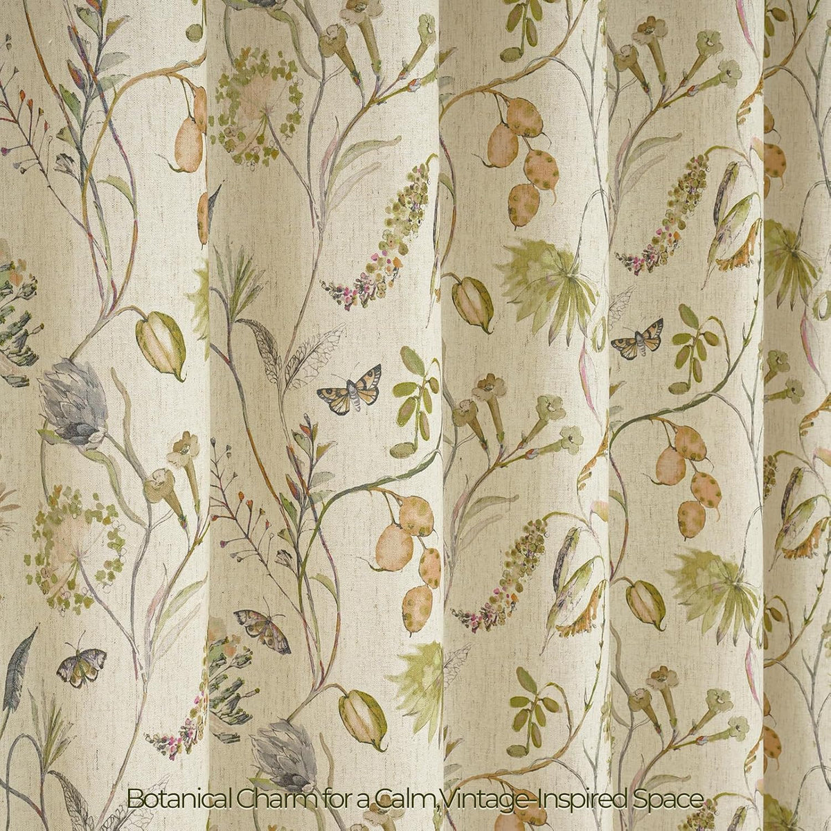 Botanical Floral Linen Blend Shower Curtain 72x72, Organic Modern Farmhouse Bathroom Decor, 210GSM Fabric (Green/Oatmeal)