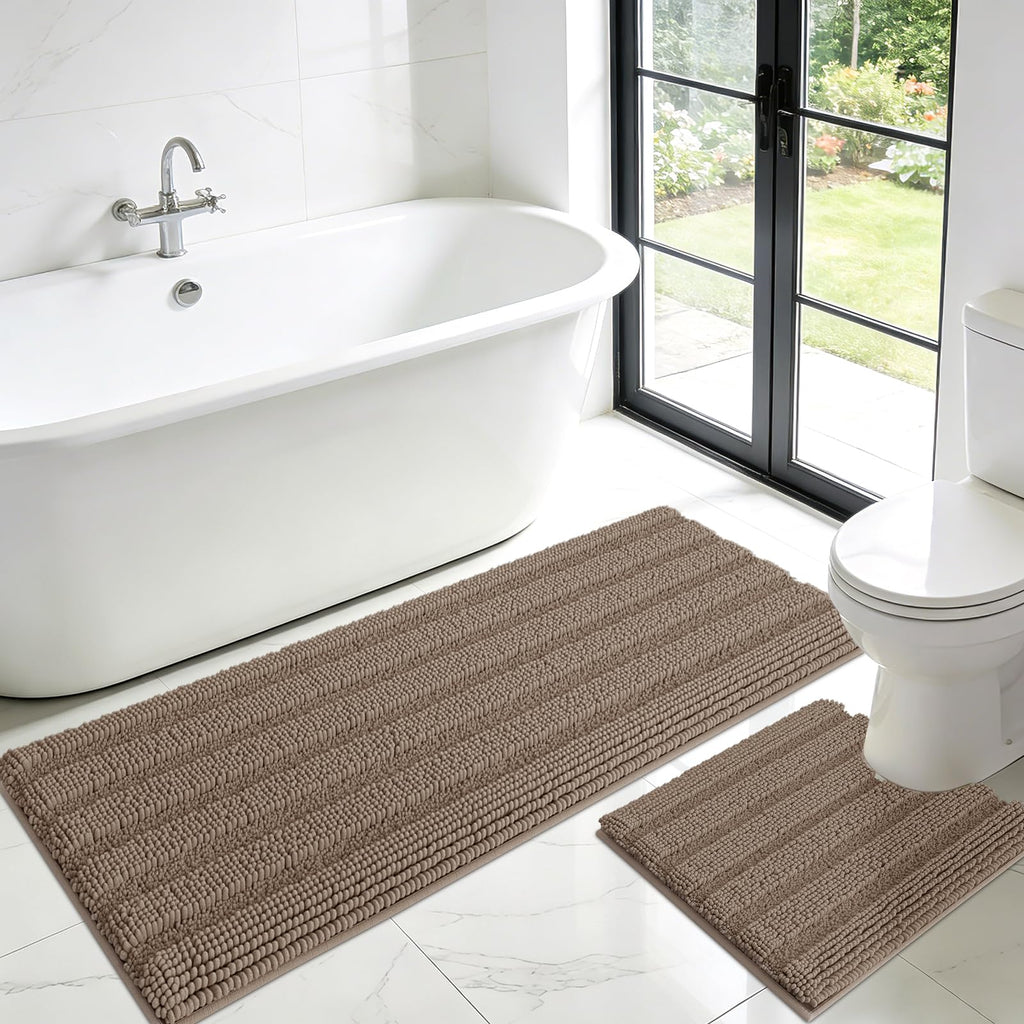 ACCUMTEK Striped Navy Blue Bathroom Rug Set 3 Pieces Ultra Soft, Non Slip Chenille Toilet Mat, Absorbent Plush Shaggy Bath Mats for Bathroom, Bedroom, Kitchen