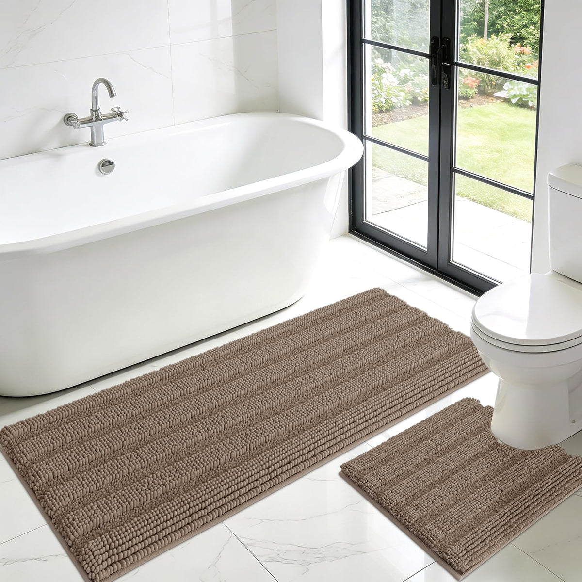 ACCUMTEK Striped Navy Blue Bathroom Rug Set 3 Pieces Ultra Soft, Non Slip Chenille Toilet Mat, Absorbent Plush Shaggy Bath Mats for Bathroom, Bedroom, Kitchen