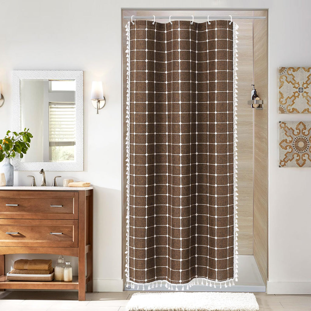 Boho Farmhouse Classic Plaid Linen Tassel Shower Curtain Blue,72x72