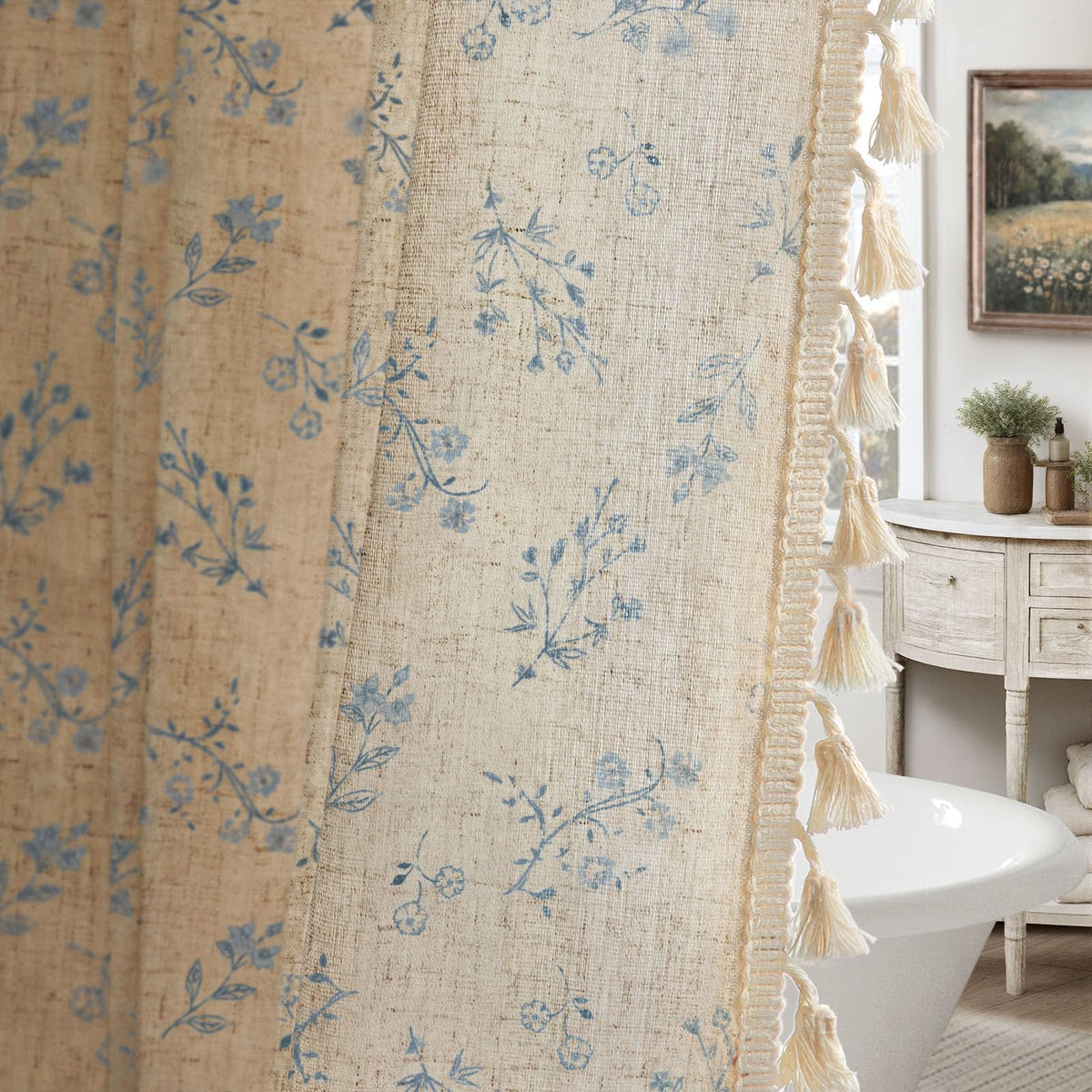 Floral Farmhouse Vintage Linen Shower Curtain French Country Decor 72Wx72H