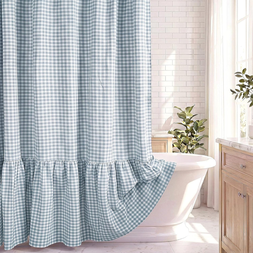 HunnmingRe Ruffle Hem Gingham Shower Curtain Dust Blue