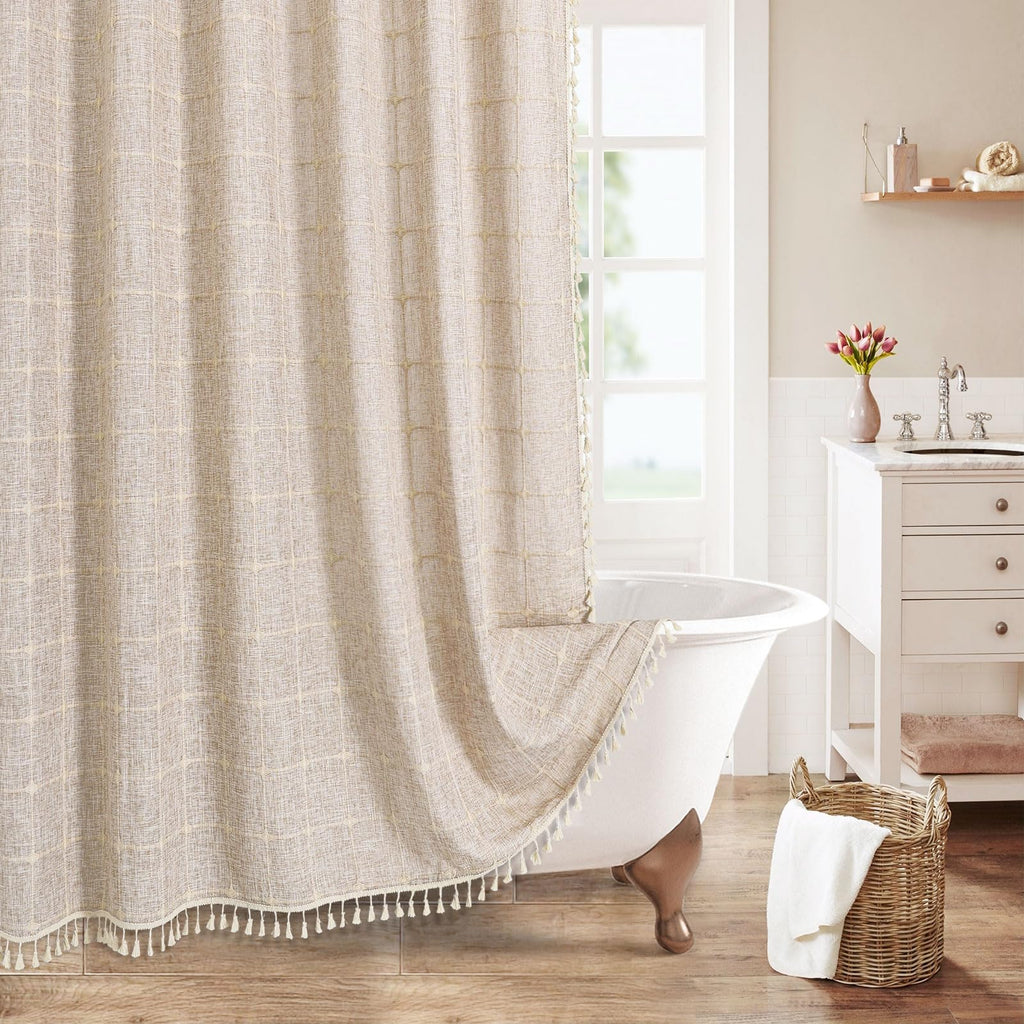 Boho Farmhouse Classic Plaid Linen Tassel Shower Curtain Blue,72x72