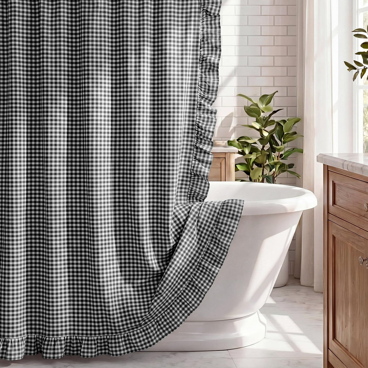 HunnmingRe Ruffled Gingham Shower Curtain Red