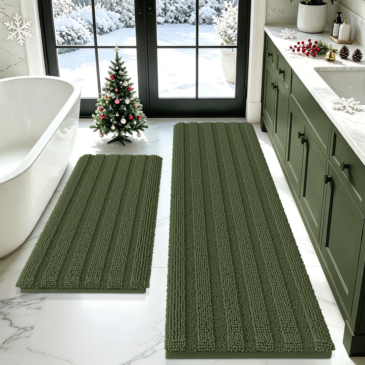 ACCUMTEK Striped Navy Blue Bathroom Rug Set 3 Pieces Ultra Soft, Non Slip Chenille Toilet Mat, Absorbent Plush Shaggy Bath Mats for Bathroom, Bedroom, Kitchen