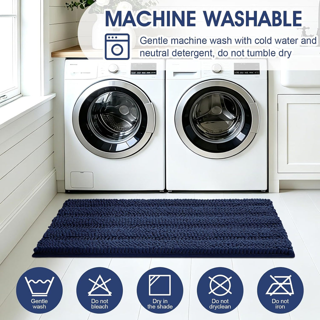 ACCUMTEK Striped Navy Blue Bathroom Rug Set 3 Pieces Ultra Soft, Non Slip Chenille Toilet Mat, Absorbent Plush Shaggy Bath Mats for Bathroom, Bedroom, Kitchen