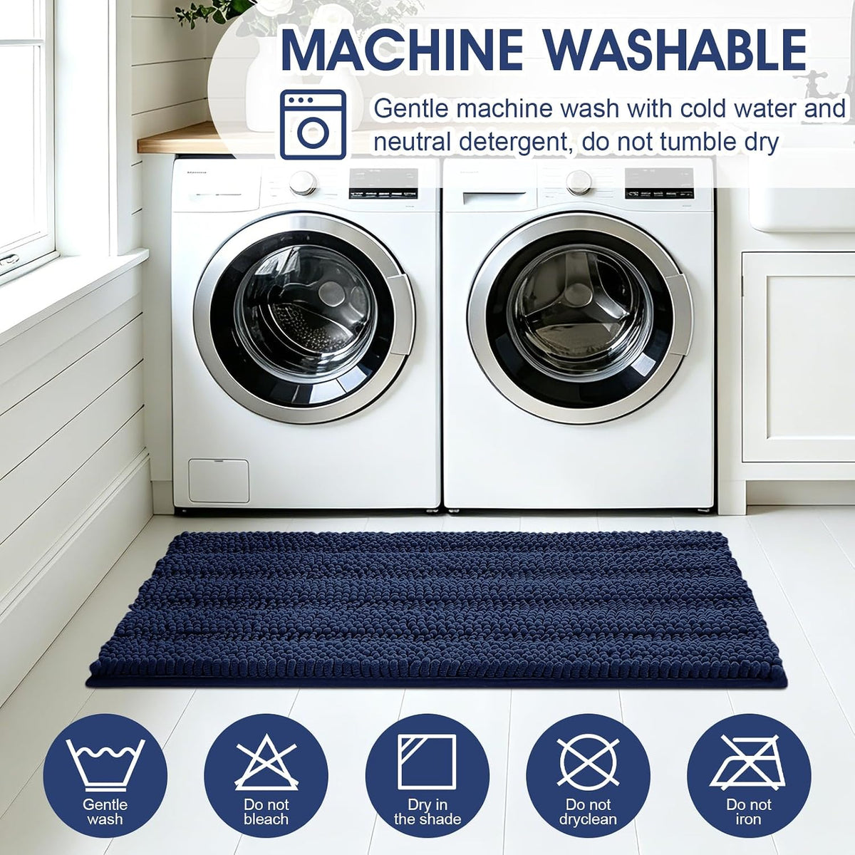 ACCUMTEK Striped Navy Blue Bathroom Rug Set 3 Pieces Ultra Soft, Non Slip Chenille Toilet Mat, Absorbent Plush Shaggy Bath Mats for Bathroom, Bedroom, Kitchen