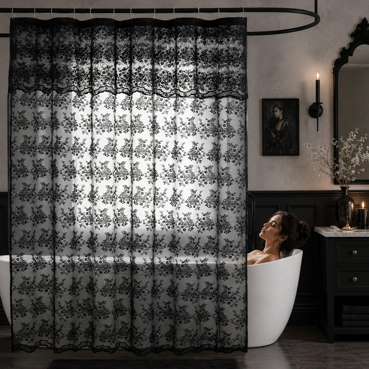 TUDECO White Lace Shower Curtain with Attached Valance 72 x 72 Inch